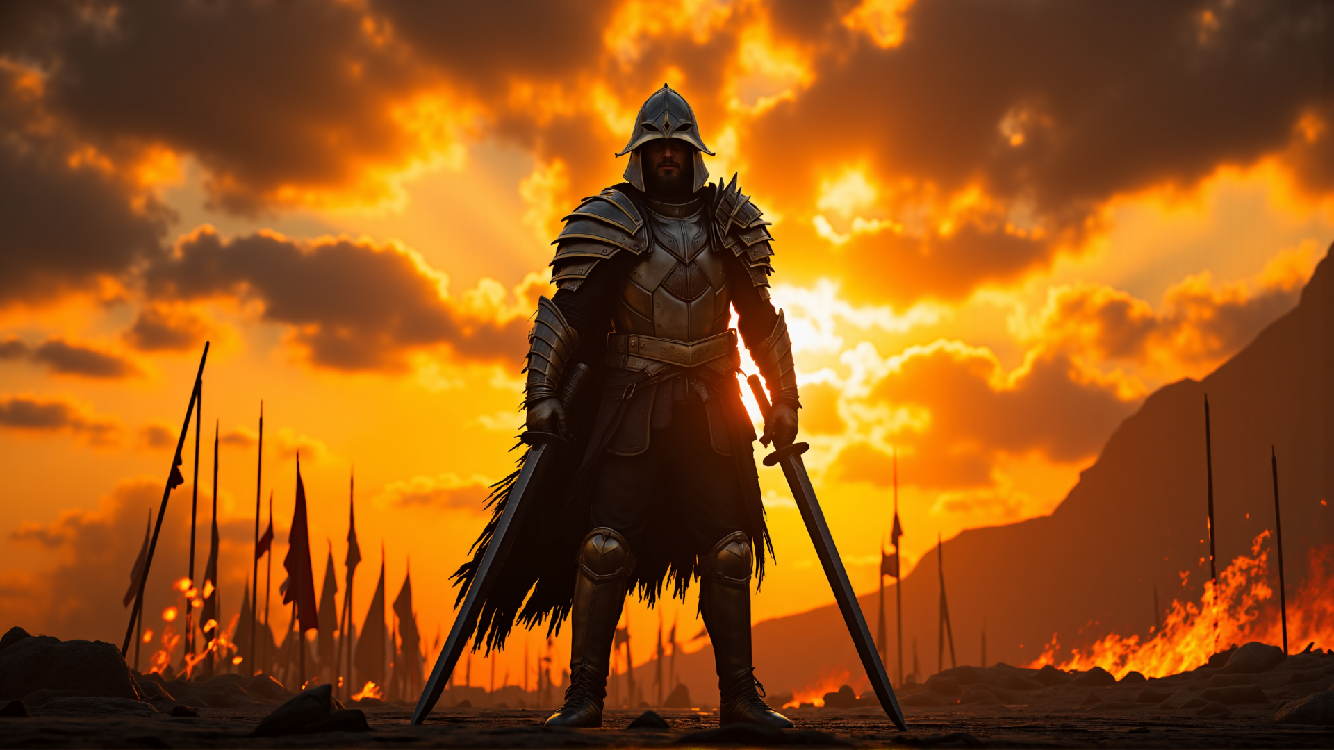 AI generated wallpaper featuring knight, swords, armor, flags, mountains, campfire