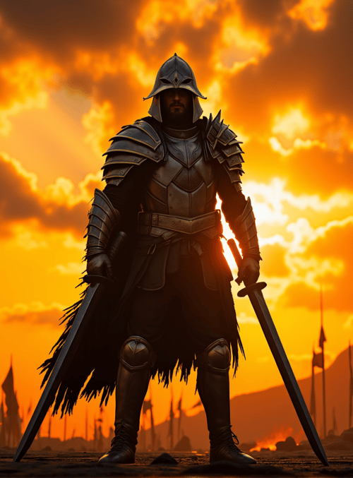 knight, swords, armor, flags, mountains, campfire