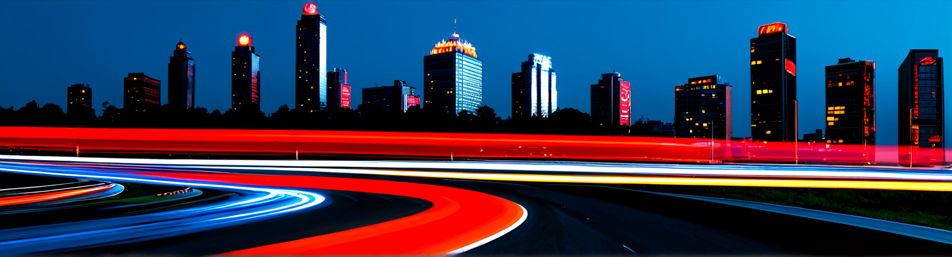 AI generated wallpaper featuring cityscape, skyscrapers, light trails, road, buildings