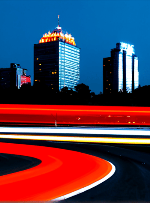 cityscape, skyscrapers, light trails, road, buildings
