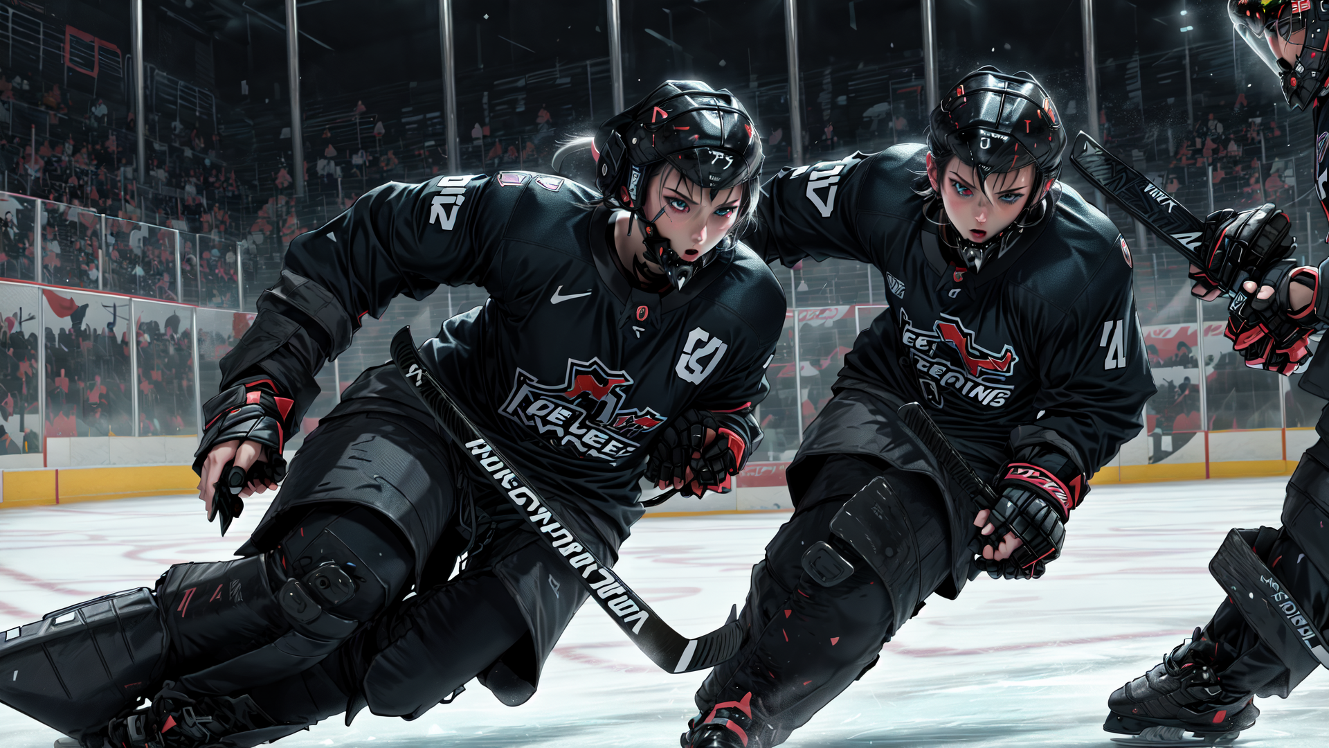 AI generated wallpaper featuring hockey player, ice rink, team jersey, helmet, hockey stick, uniform, sweater, knee pads, gloves, skates