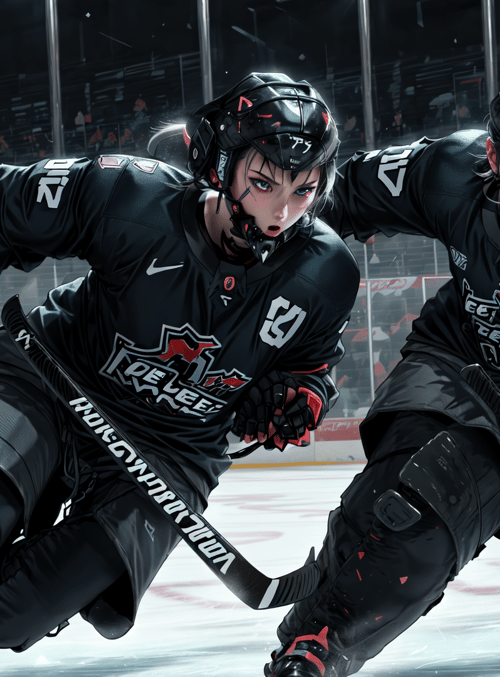 hockey player, ice rink, team jersey, helmet, hockey stick, uniform, sweater, knee pads, gloves, skates
