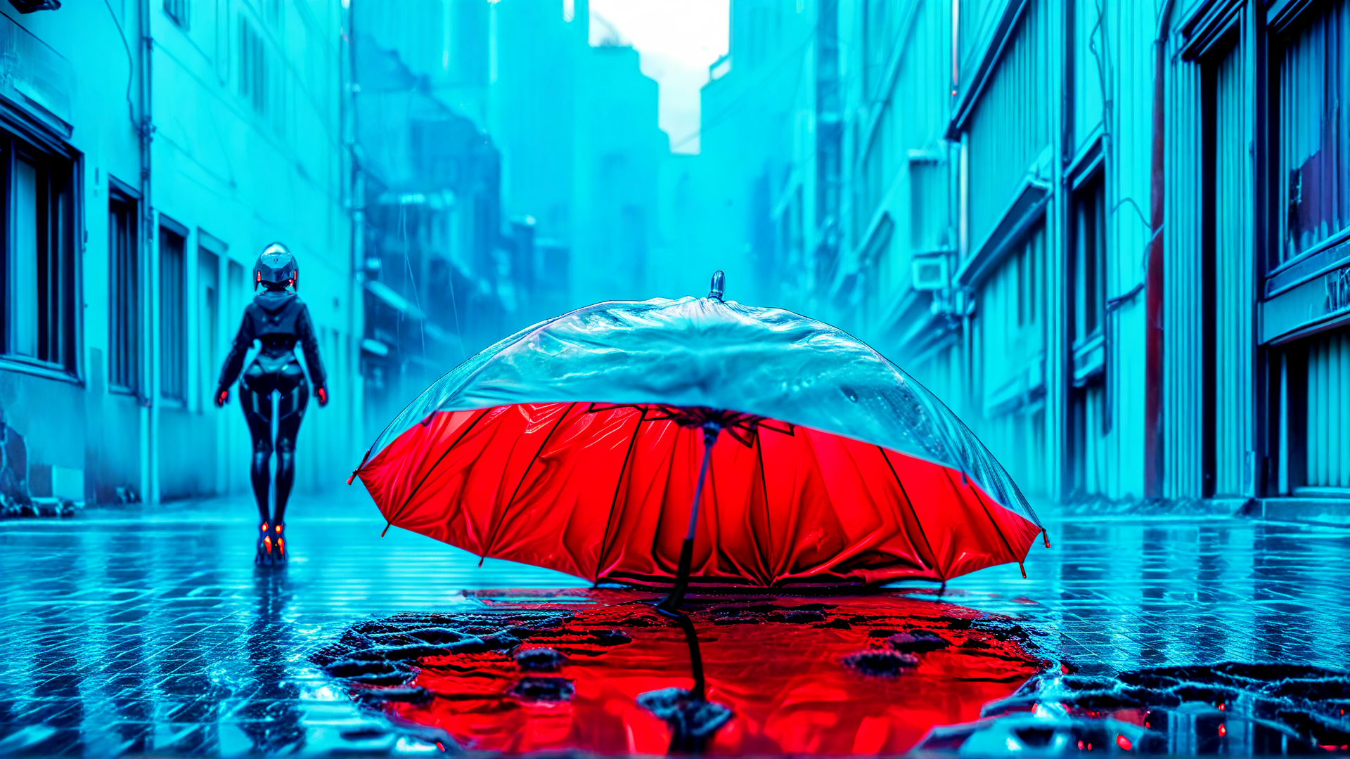 AI generated wallpaper featuring umbrella, robot, street