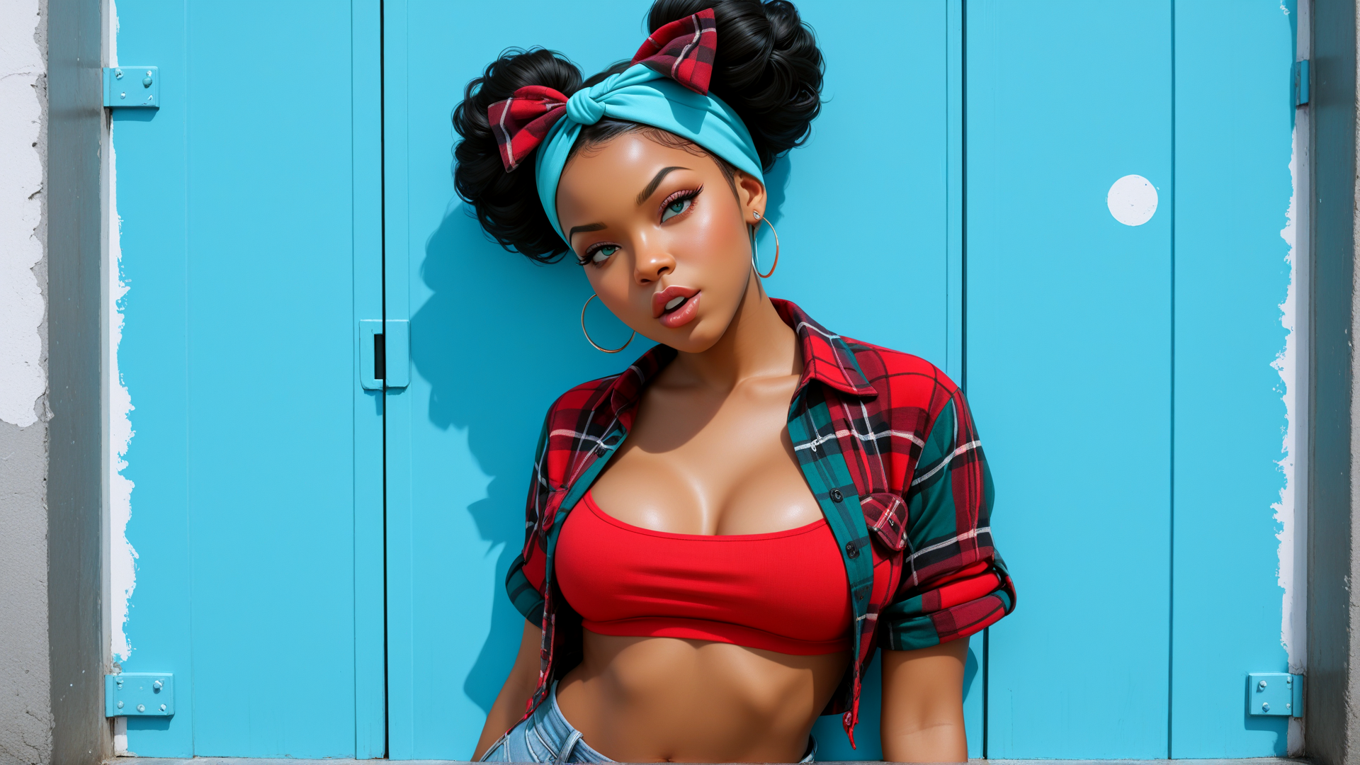 AI generated wallpaper featuring woman, headband, plaid shirt, crop top, jeans, hair bun