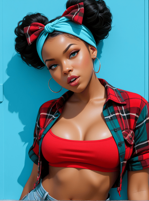 woman, headband, plaid shirt, crop top, jeans, hair bun