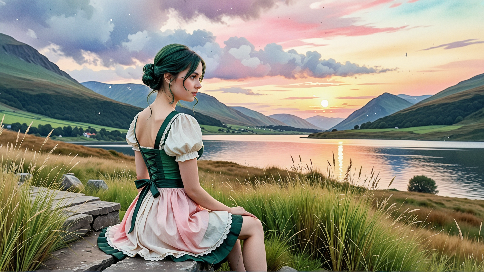 AI generated wallpaper featuring woman, dress, lake, mountains, grass