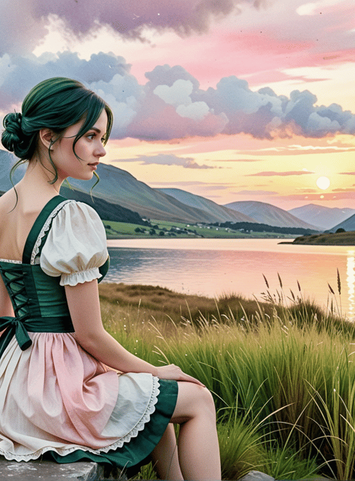 woman, dress, lake, mountains, grass