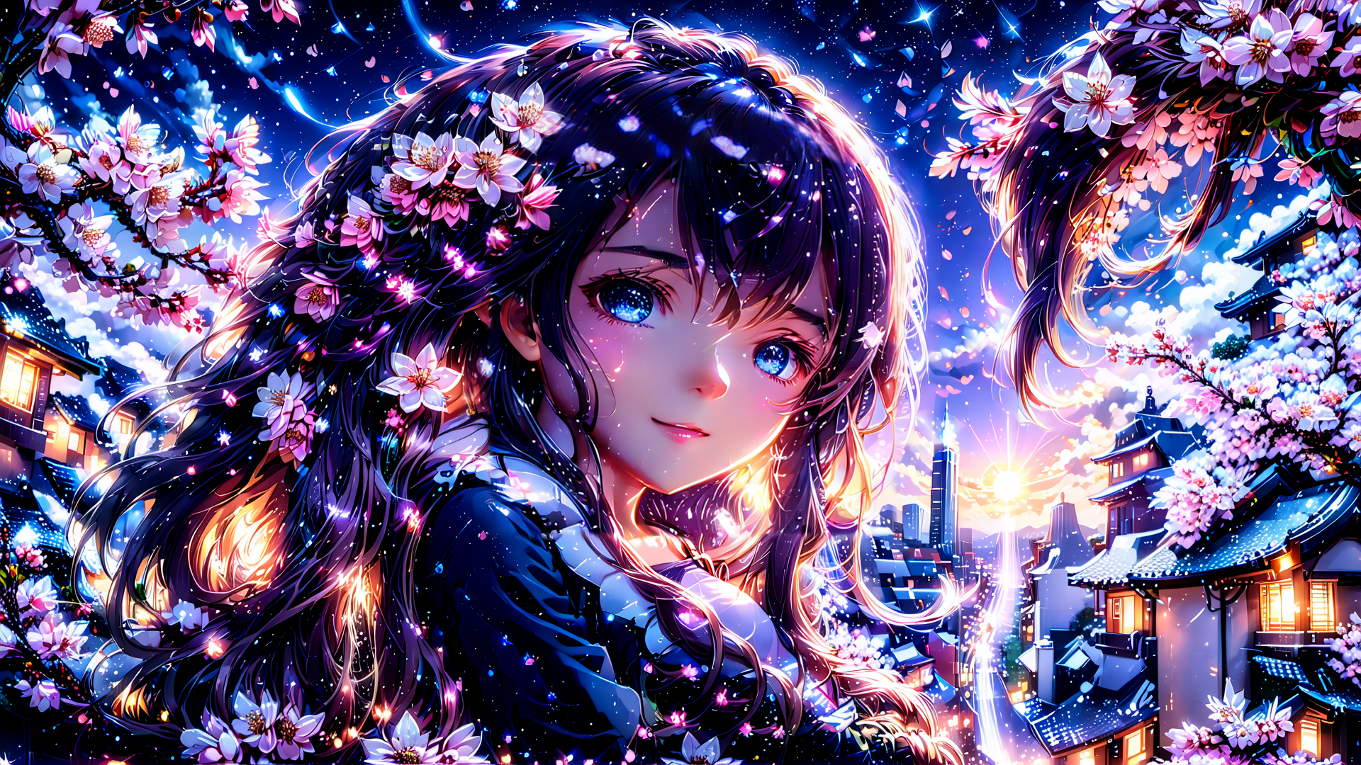 AI generated wallpaper featuring girl, cherry blossoms, city