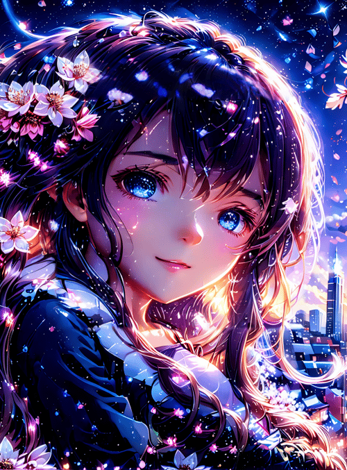 girl, cherry blossoms, city