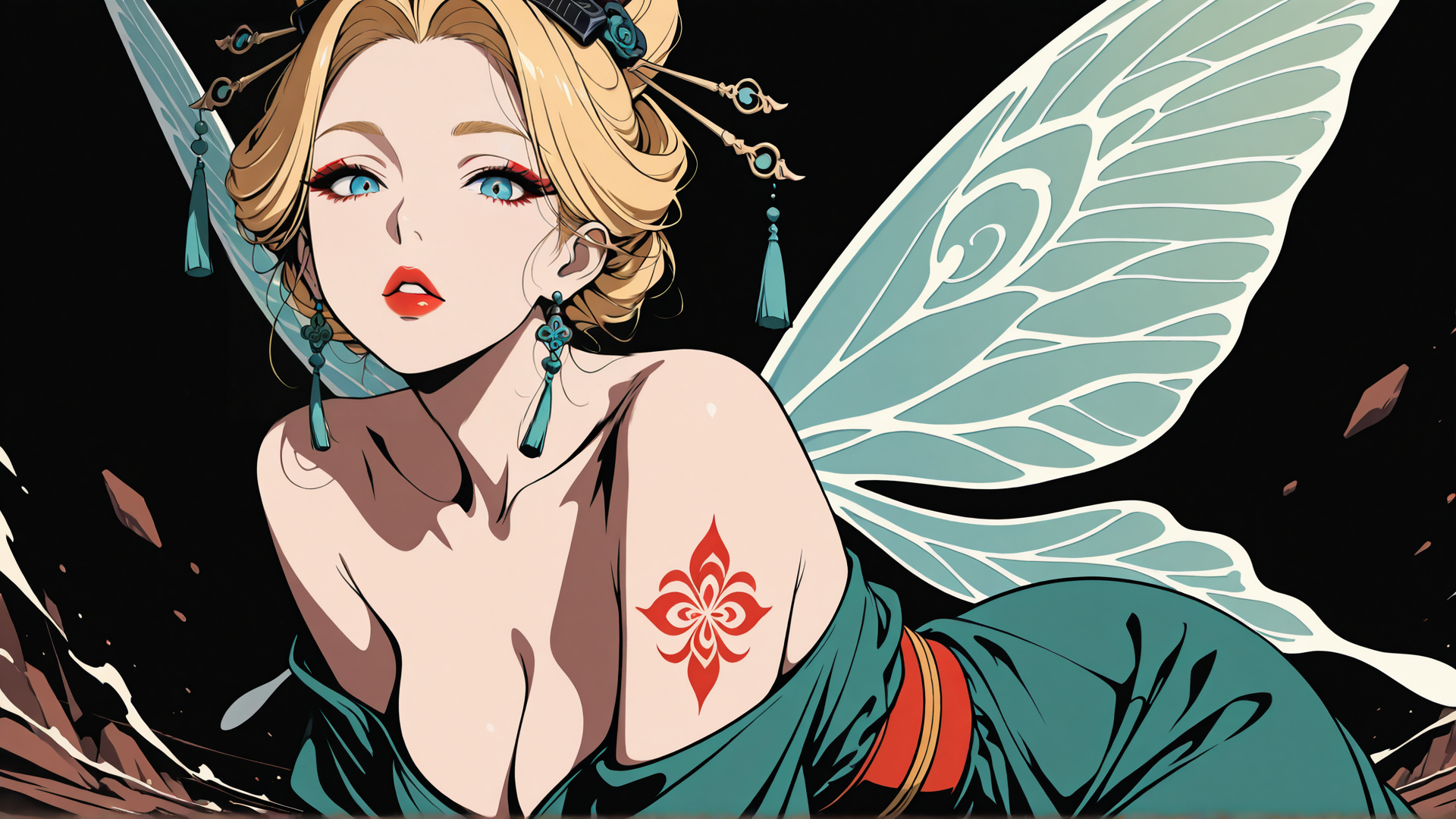 AI generated wallpaper featuring fairy, woman, wing, tattoo, earring, hair, dress, flower, gem, cherry