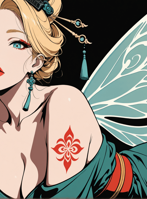fairy, woman, wing, tattoo, earring, hair, dress, flower, gem, cherry