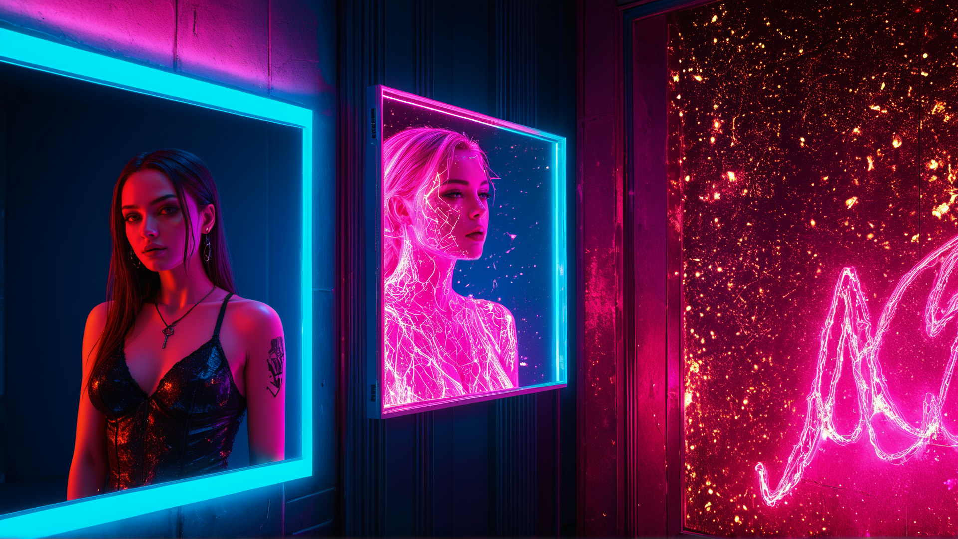 AI generated wallpaper featuring woman, mirror, neon, art, glow