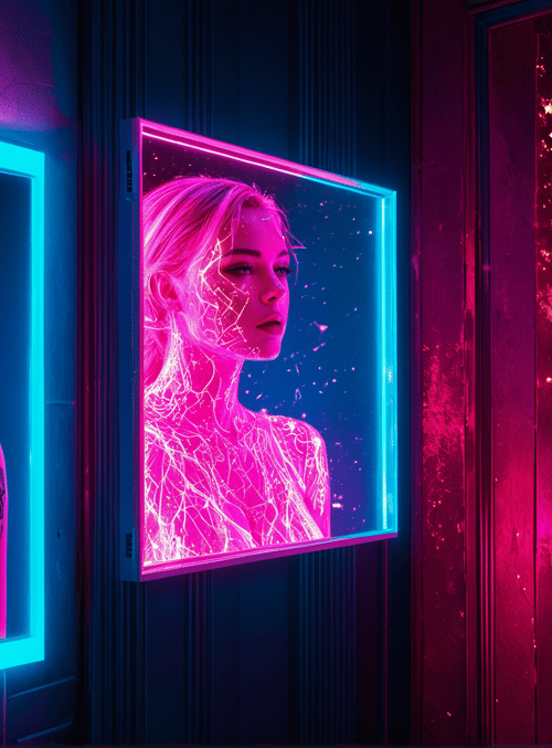 woman, mirror, neon, art, glow