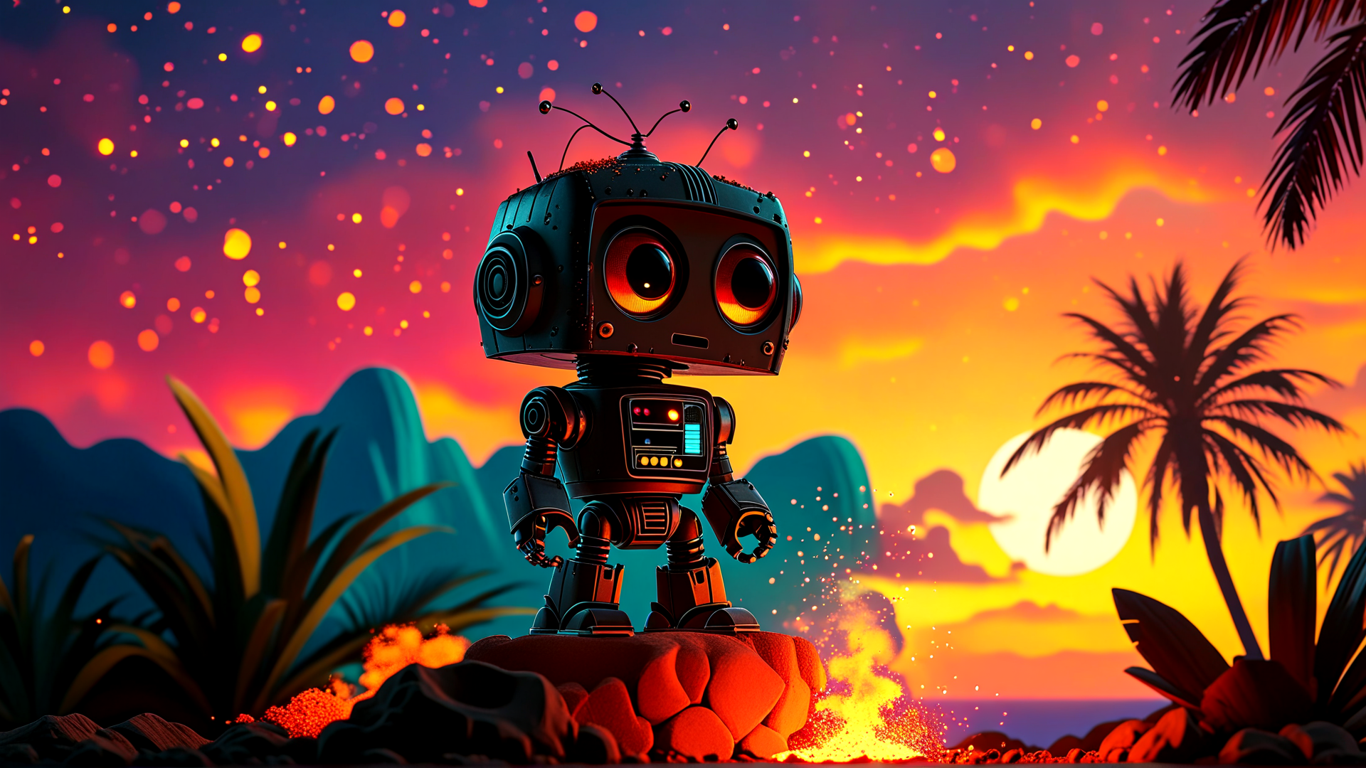 AI generated wallpaper featuring robot, palm tree, sun, mountain, rock, fire, plant, sky
