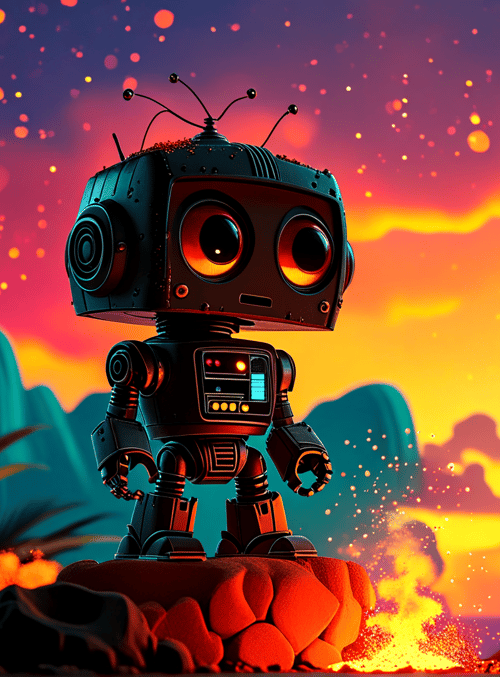 robot, palm tree, sun, mountain, rock, fire, plant, sky
