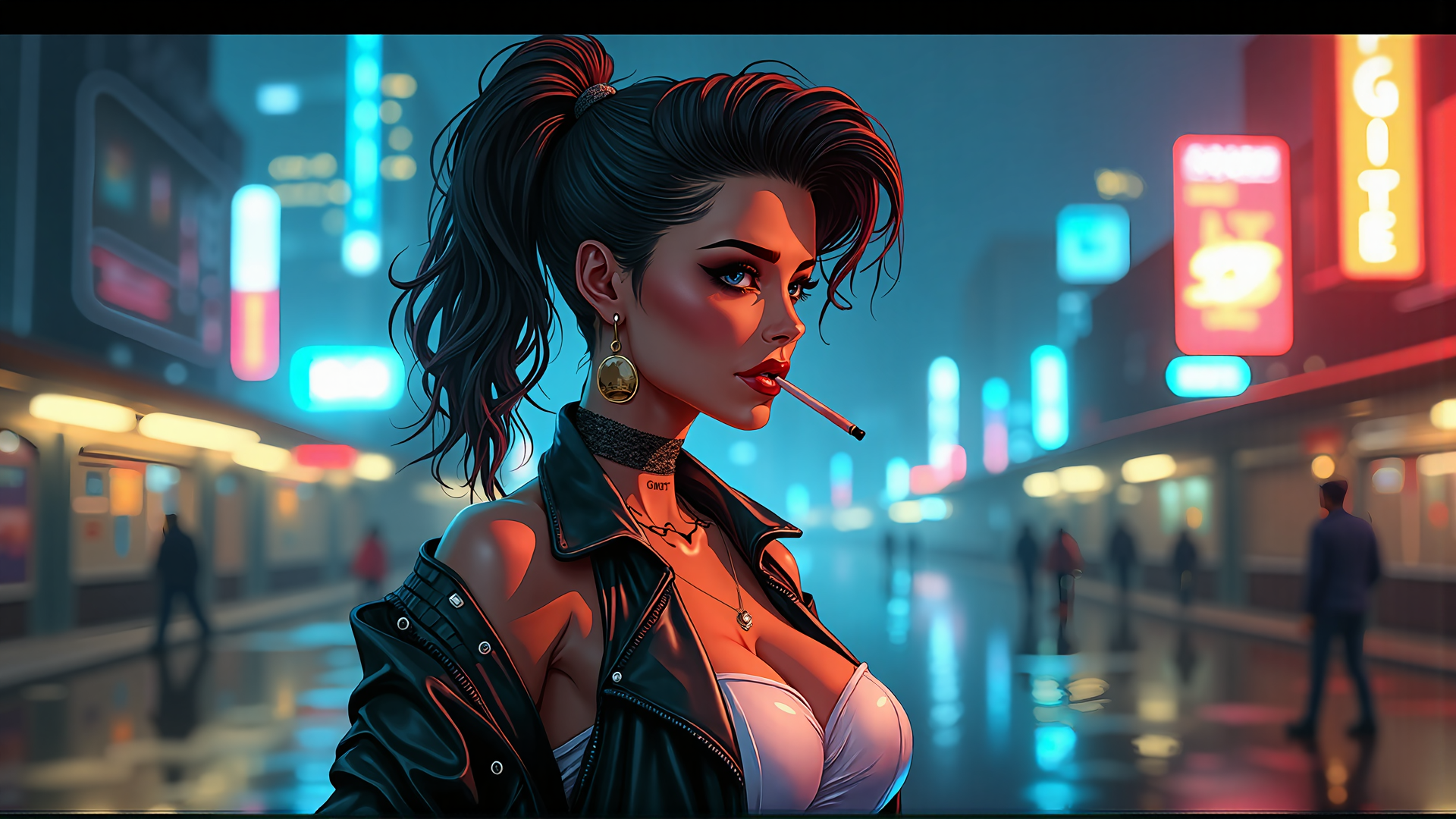 AI generated wallpaper featuring woman, neon, city, street, cyberpunk, leather, ponytail, cigarette, choker, earring