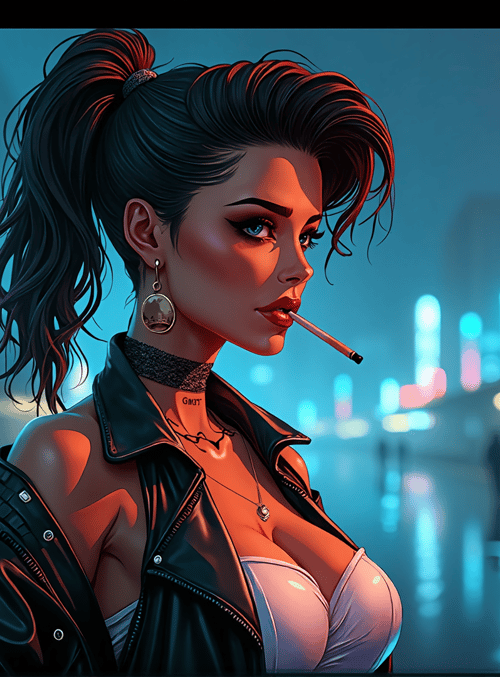 woman, neon, city, street, cyberpunk, leather, ponytail, cigarette, choker, earring