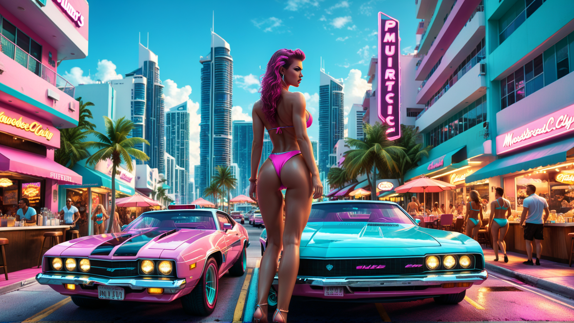 AI generated wallpaper featuring woman, cars, city