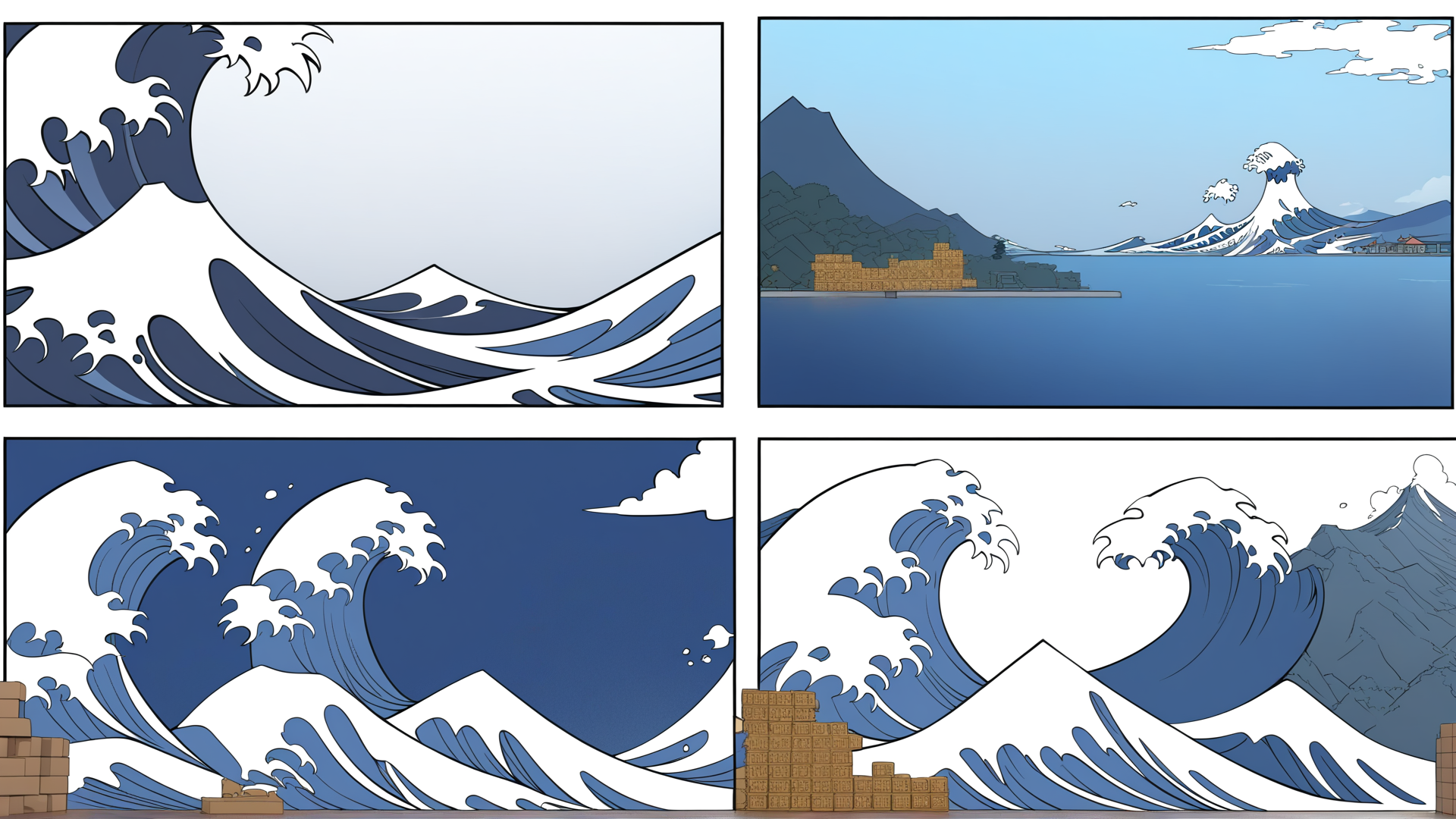 AI generated wallpaper featuring wave, castle, mountain