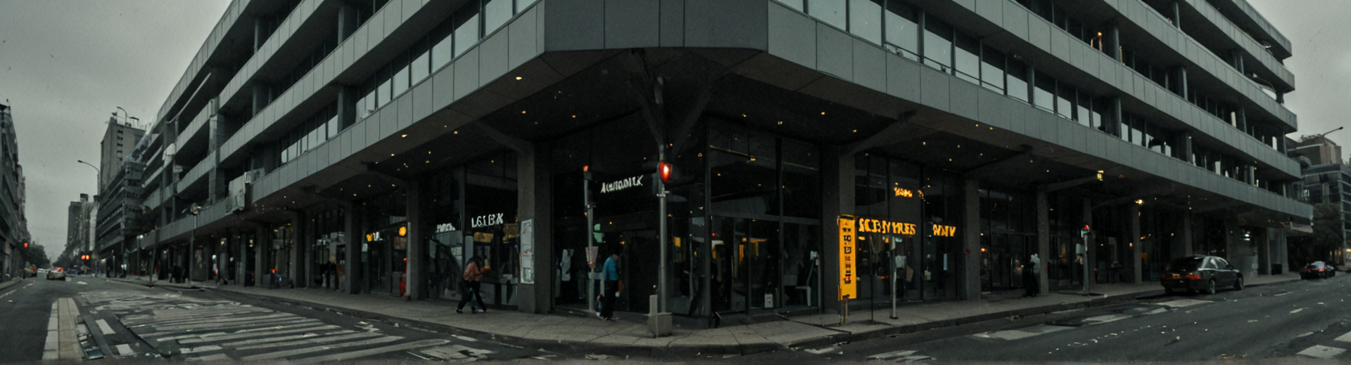 AI generated wallpaper featuring building, street, pedestrian, traffic light, store, sign, car, window, crosswalk, sidewalk