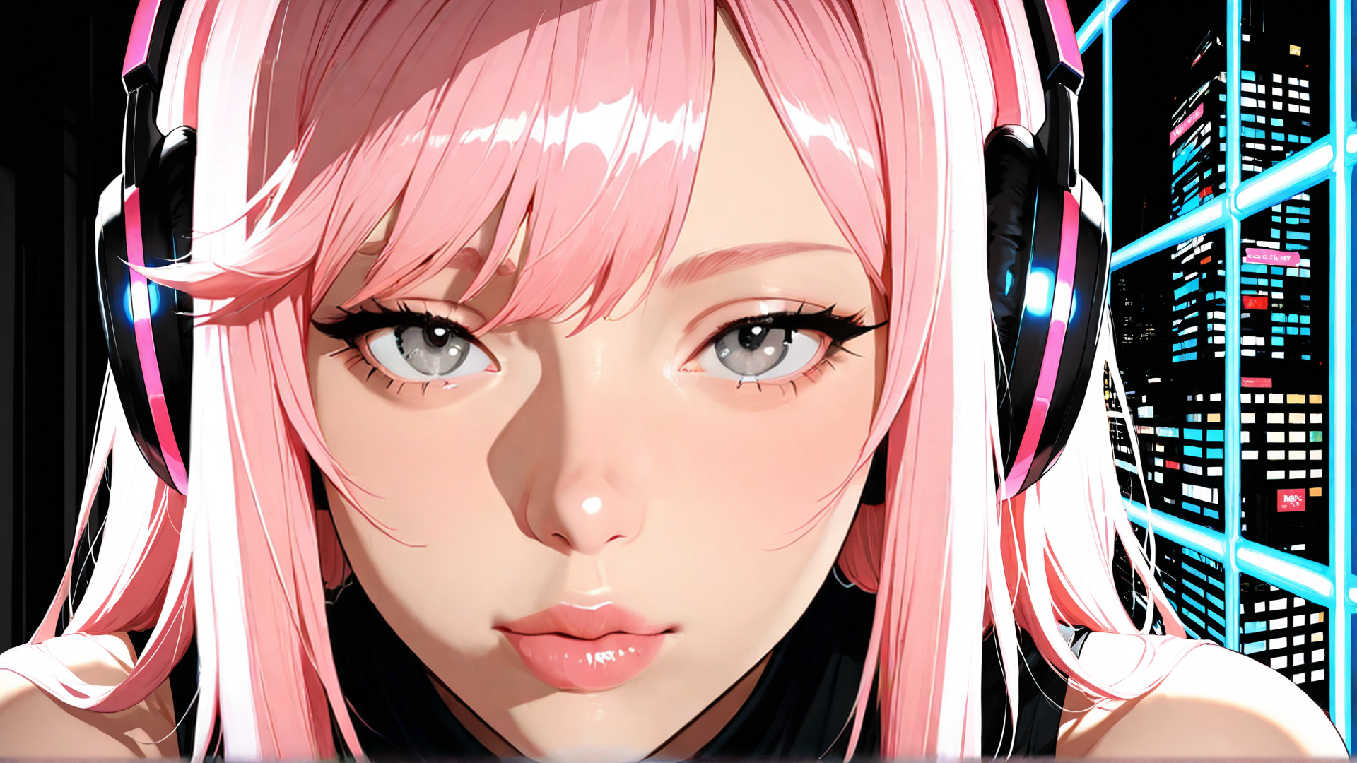 AI generated wallpaper featuring girl, headphones, hair, cityscape, window