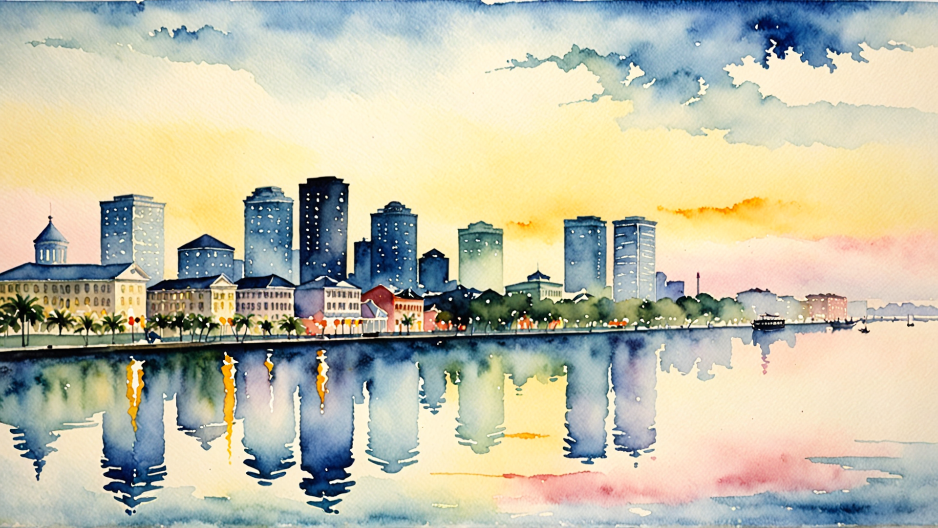 AI generated wallpaper featuring cityscape, waterfront, buildings, river, reflection, skyline, palm trees, boats