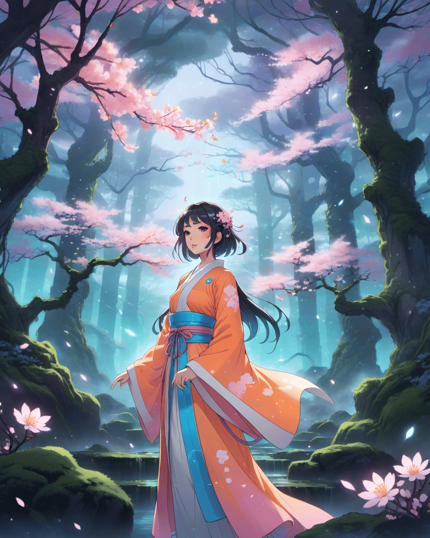 AI generated wallpaper featuring girl, cherry tree, forest