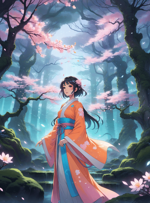 girl, cherry tree, forest
