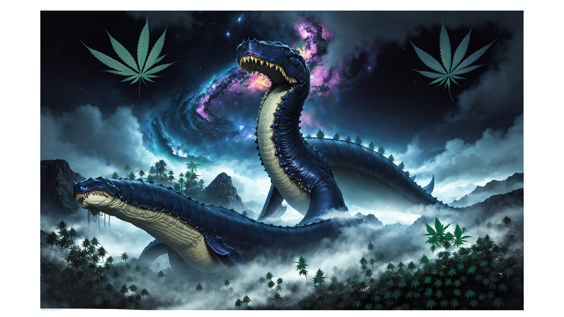 AI generated wallpaper featuring dinosaur, marijuana, galaxy, cloud, mountain, palm tree