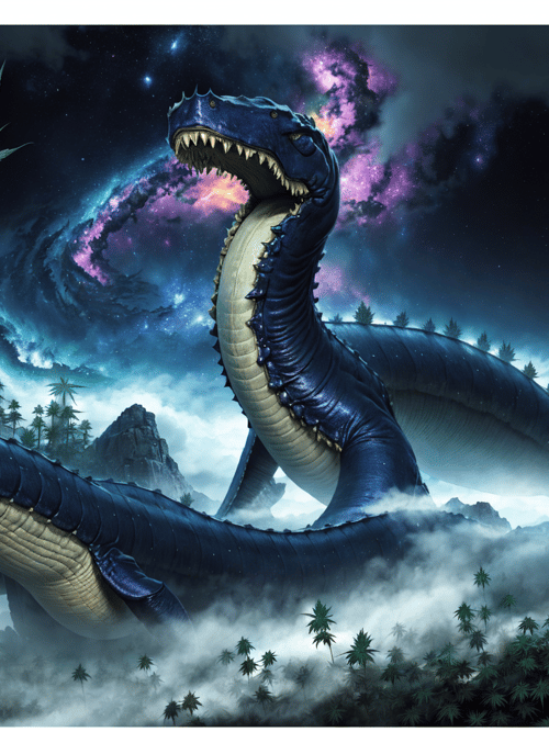 dinosaur, marijuana, galaxy, cloud, mountain, palm tree