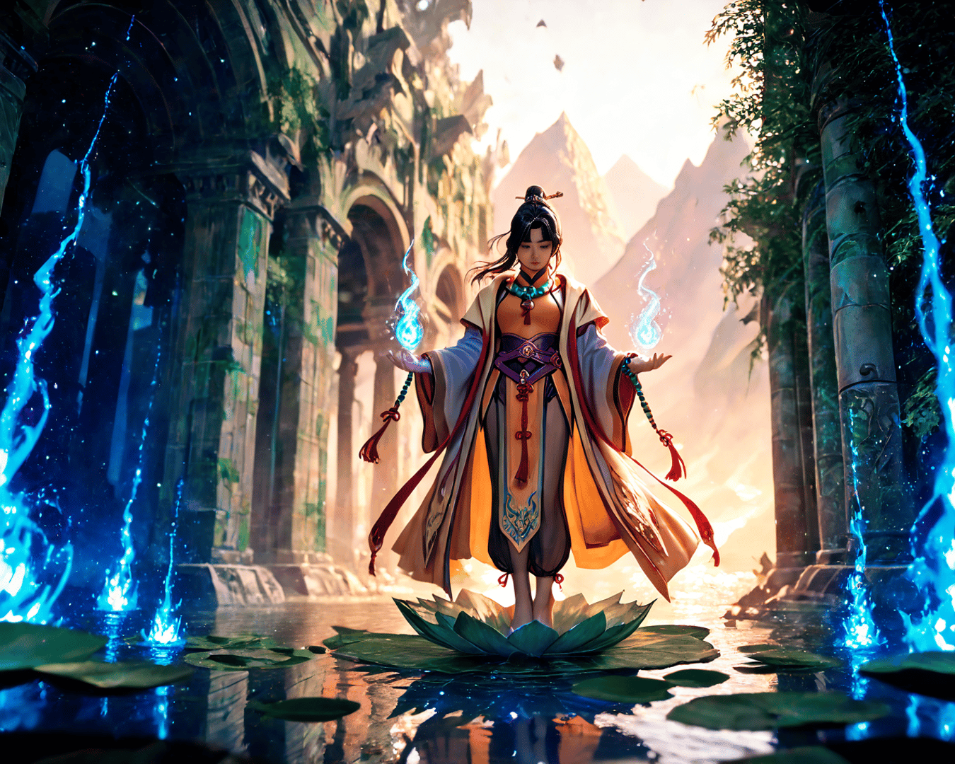 AI generated wallpaper featuring ancient woman, lotus, fountain