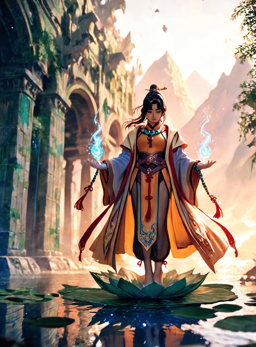 ancient woman, lotus, fountain