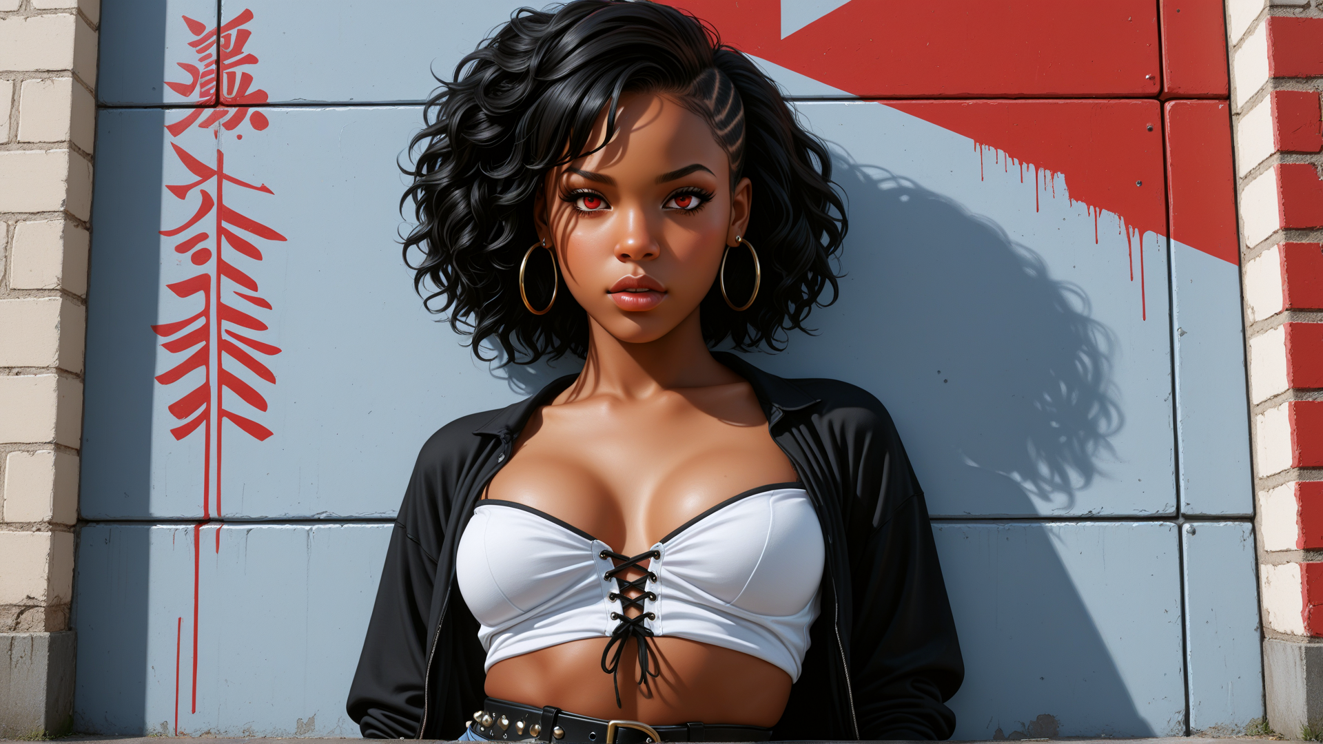 AI generated wallpaper featuring woman, wall, graffiti, bralette, jacket, hoops, hair, shadow, belt, tiles