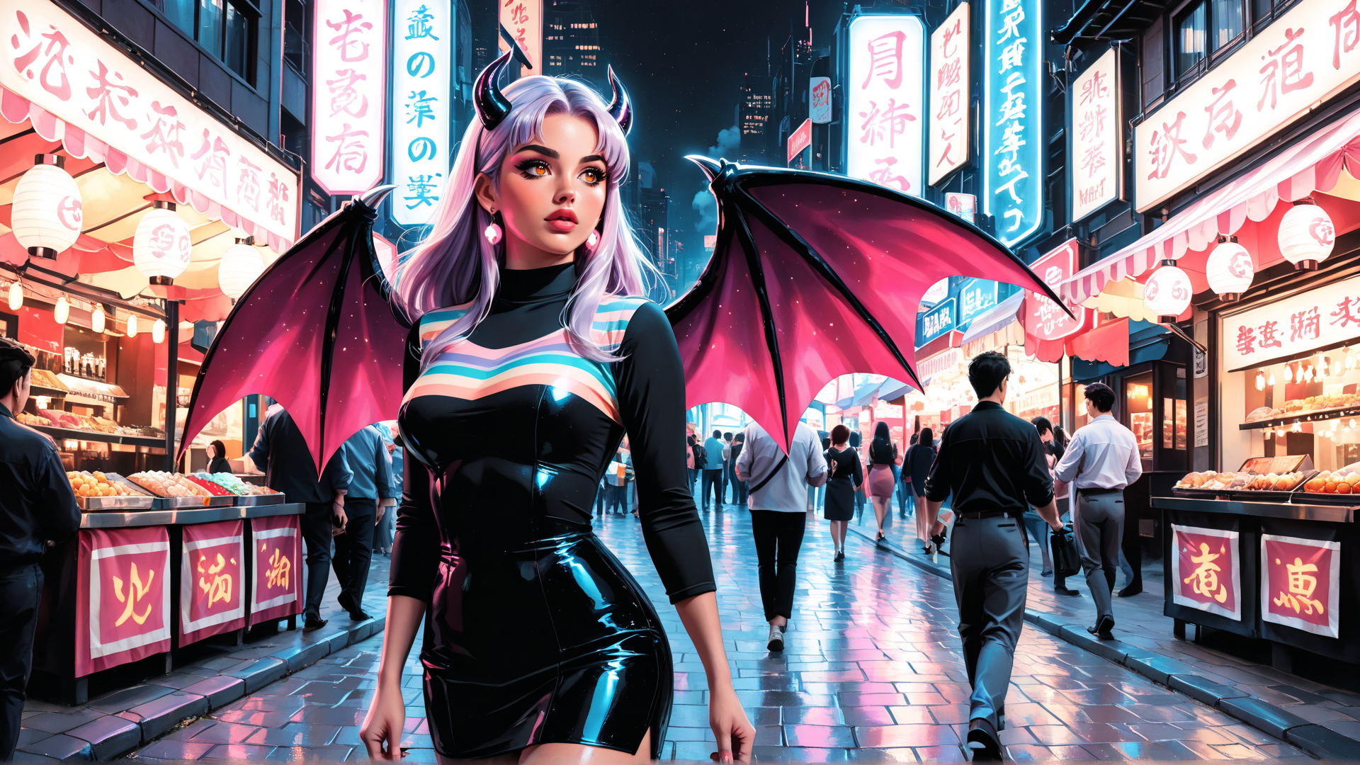 AI generated wallpaper featuring demon, woman, street, signs, city, demon wings, lanterns, food stalls, people, neon lights