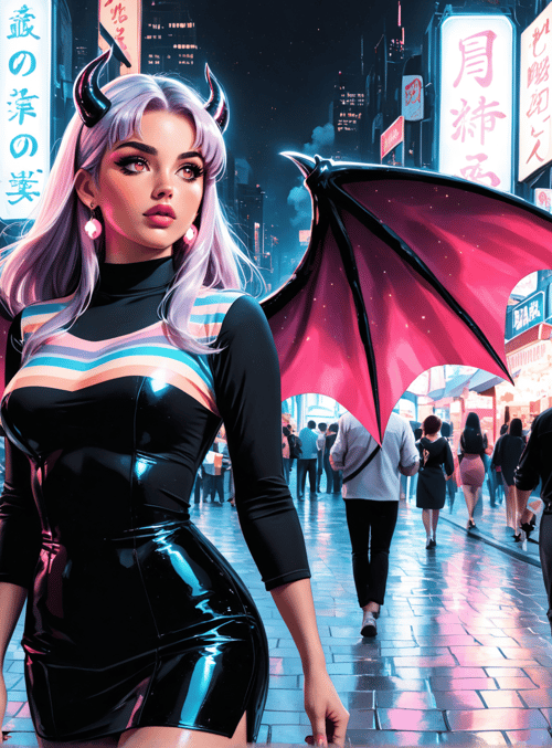 demon, woman, street, signs, city, demon wings, lanterns, food stalls, people, neon lights