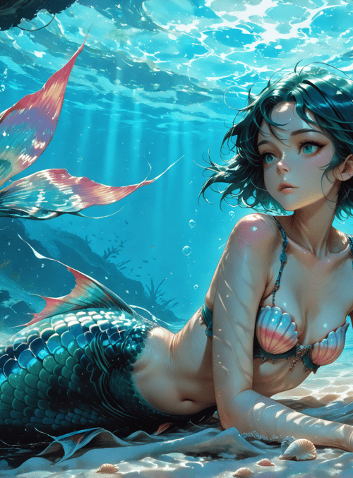 mermaid, seaweed, coral, seashells, fish, sandy bottom, sunlight, water, underwater, rays