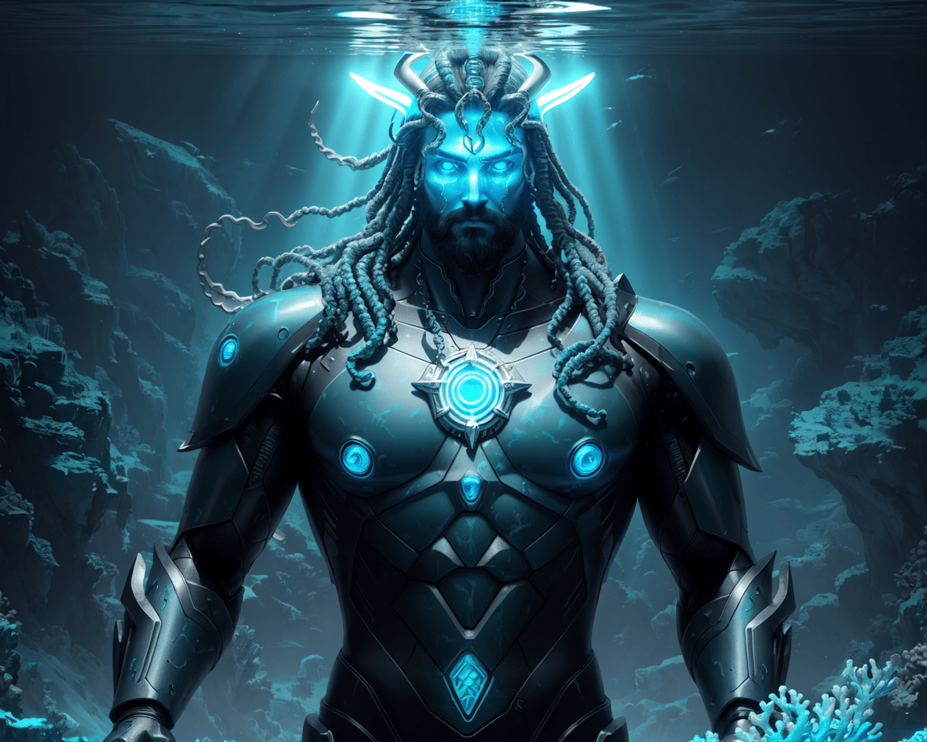 AI generated wallpaper featuring merman, armor, underwater