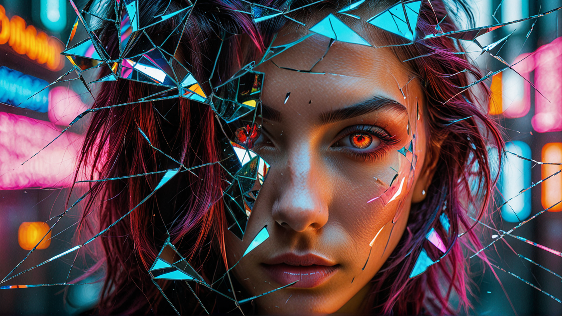 AI generated wallpaper featuring woman, neon, glass, hair