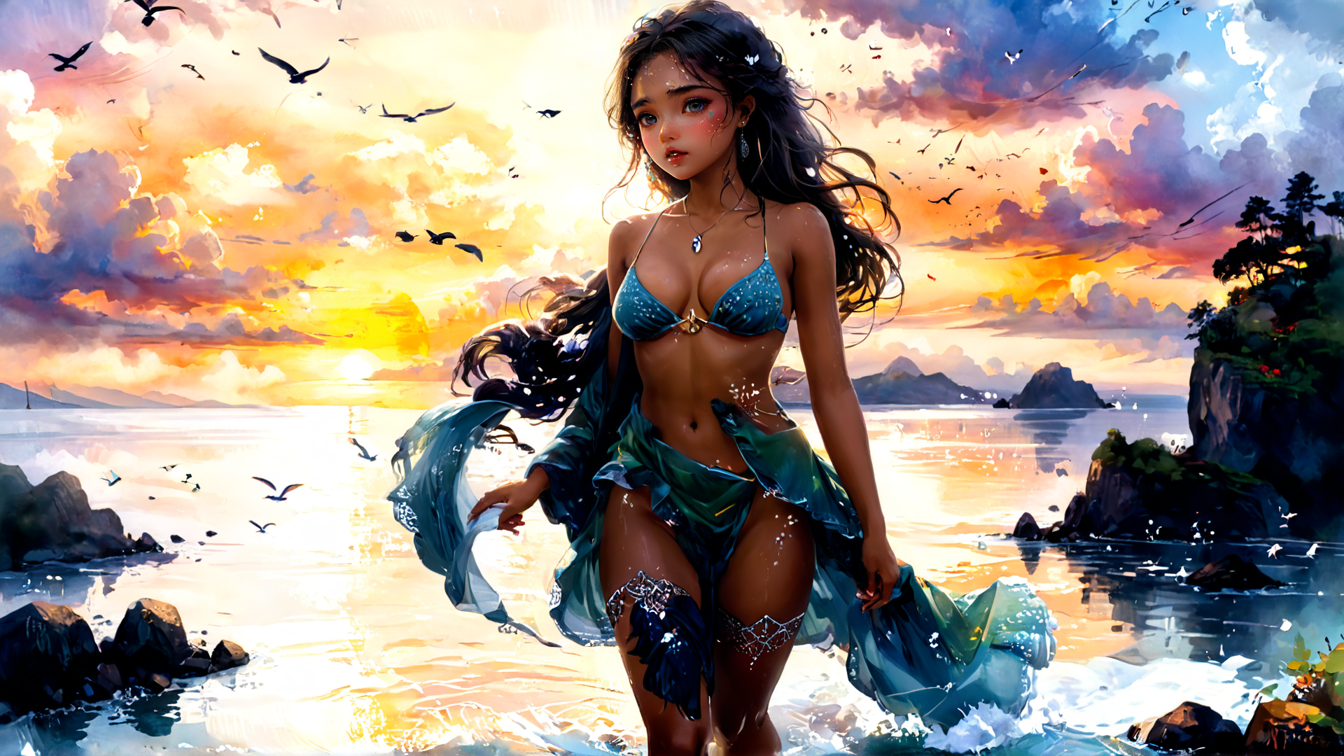 AI generated wallpaper featuring woman, beach, mermaid