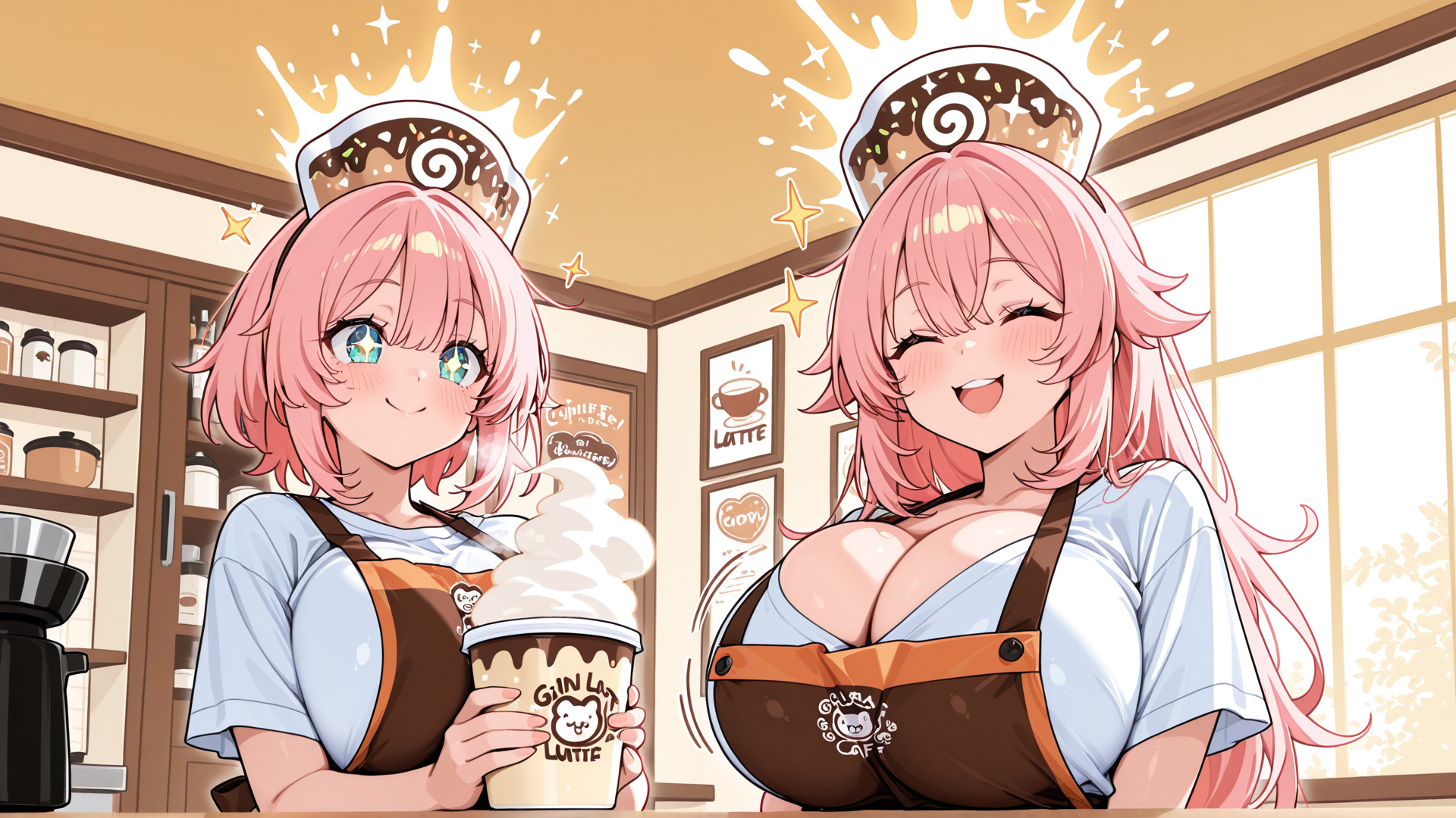 AI generated wallpaper featuring girls, coffee, cafe, apron, cup, cat
