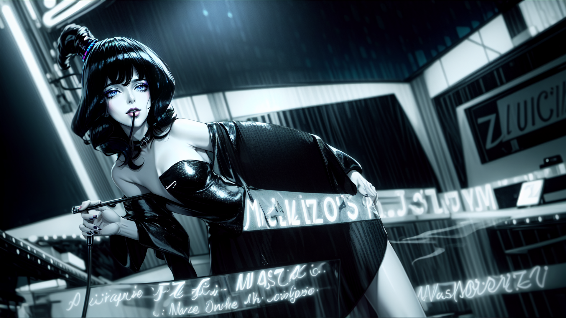AI generated wallpaper featuring woman, neon sign, microphone