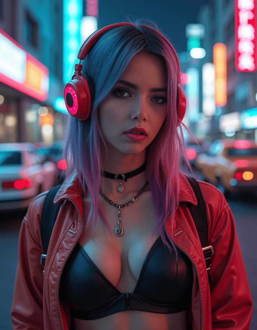 AI generated wallpaper featuring woman, neon, city