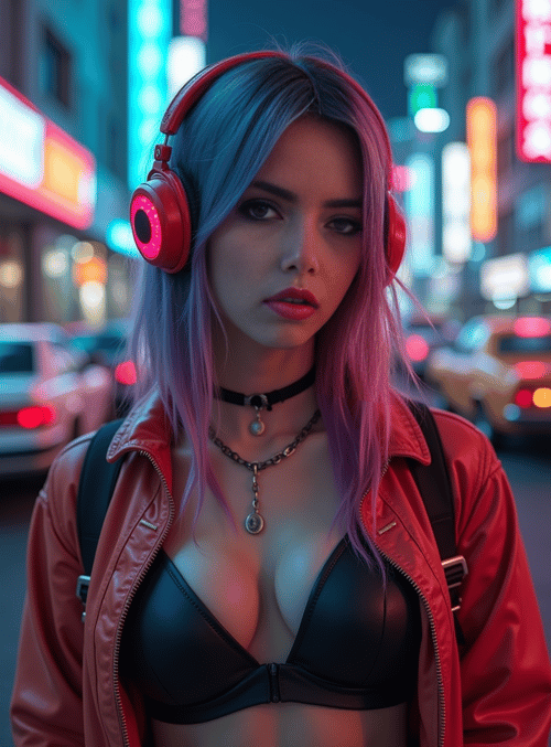 woman, neon, city