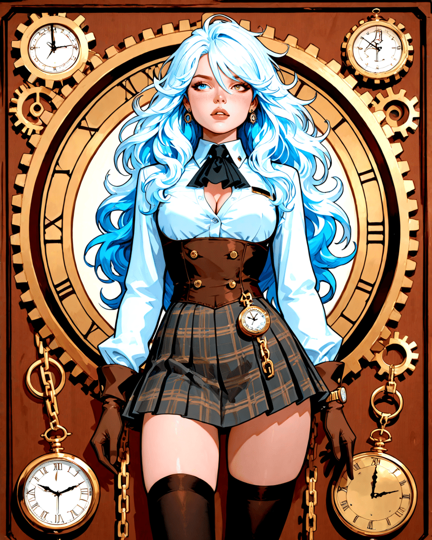 AI generated wallpaper featuring girl, clock, gears, blonde, corset, skirt, boots, pocket watch, chains, earrings