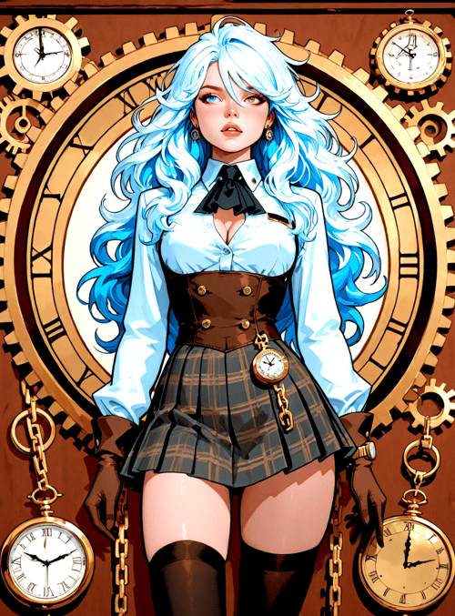 girl, clock, gears, blonde, corset, skirt, boots, pocket watch, chains, earrings