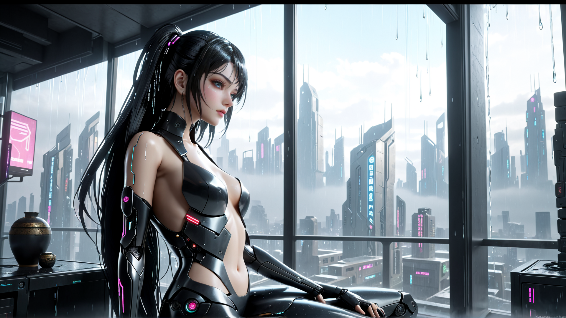 AI generated wallpaper featuring cyborg, woman, cityscape
