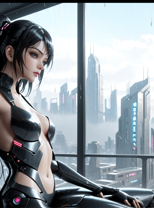 cyborg, woman, cityscape