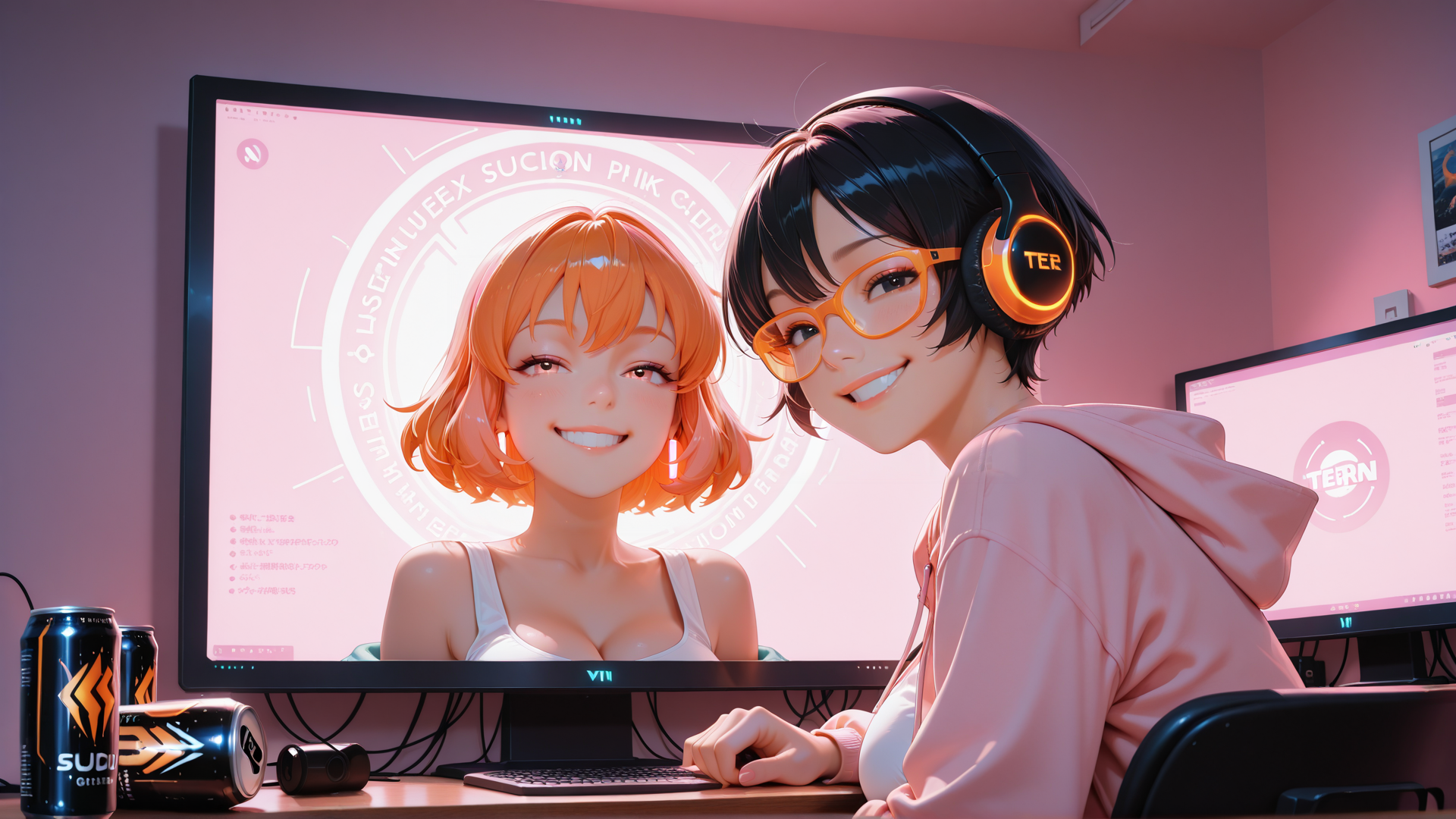 AI generated wallpaper featuring girl, monitor, headphones, gamer, computer, can, desk, glasses, anime, screen