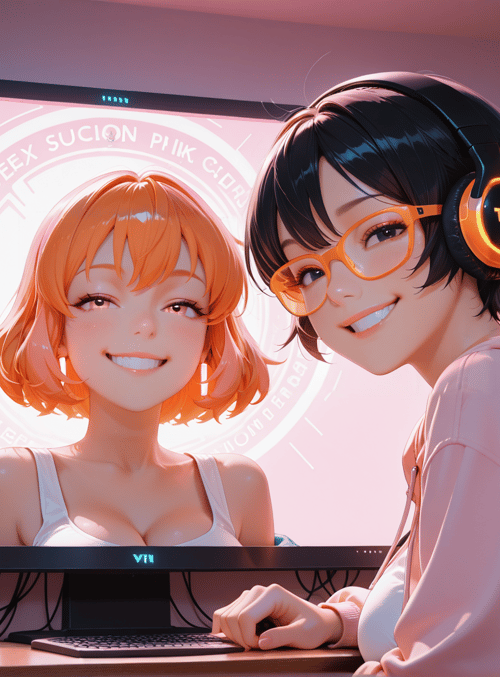 girl, monitor, headphones, gamer, computer, can, desk, glasses, anime, screen