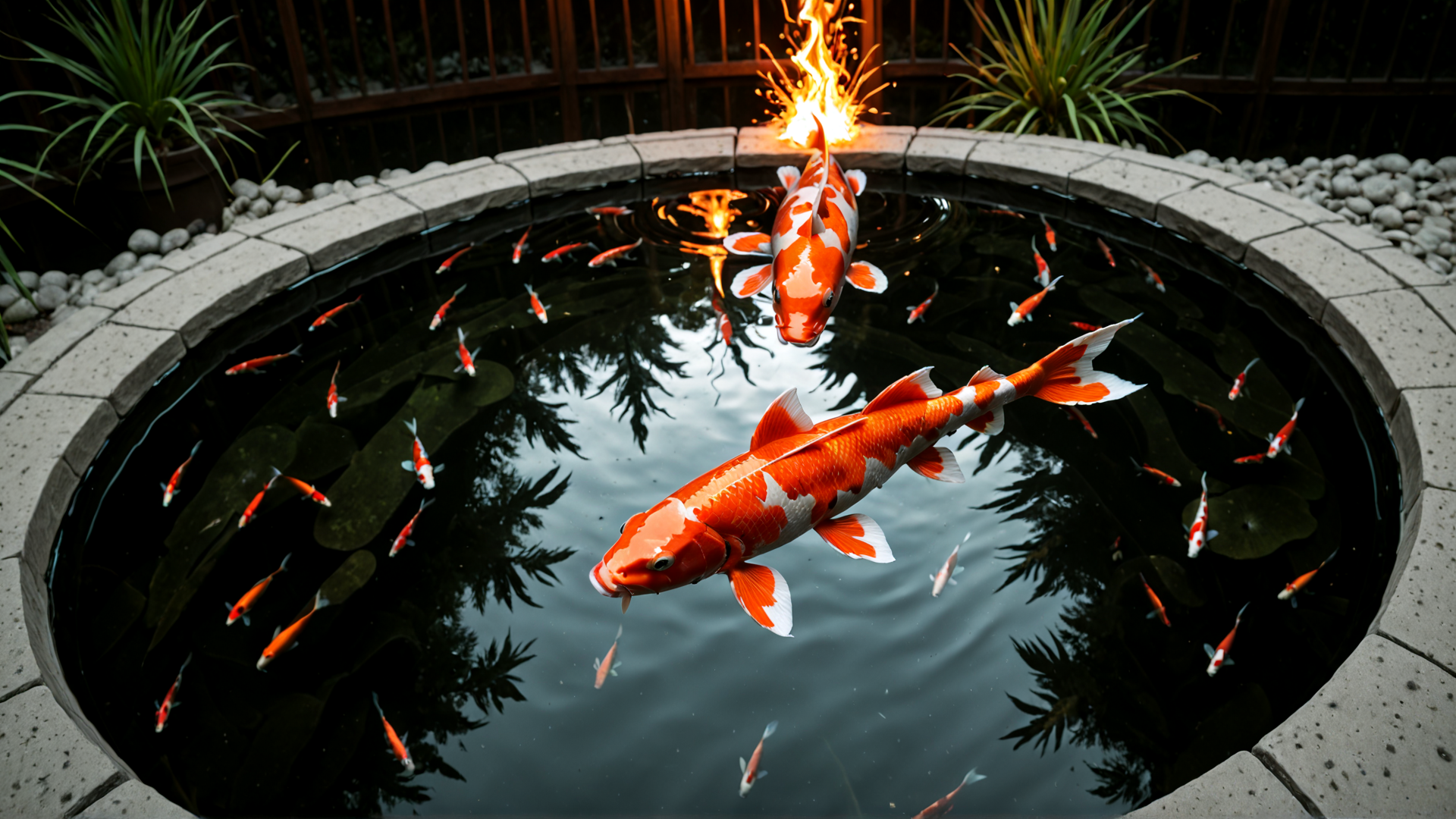 AI generated wallpaper featuring koi fish, water pond, fire, plants, rocks